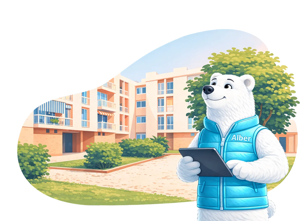 ours Alber prenant des notes devant une copropriété